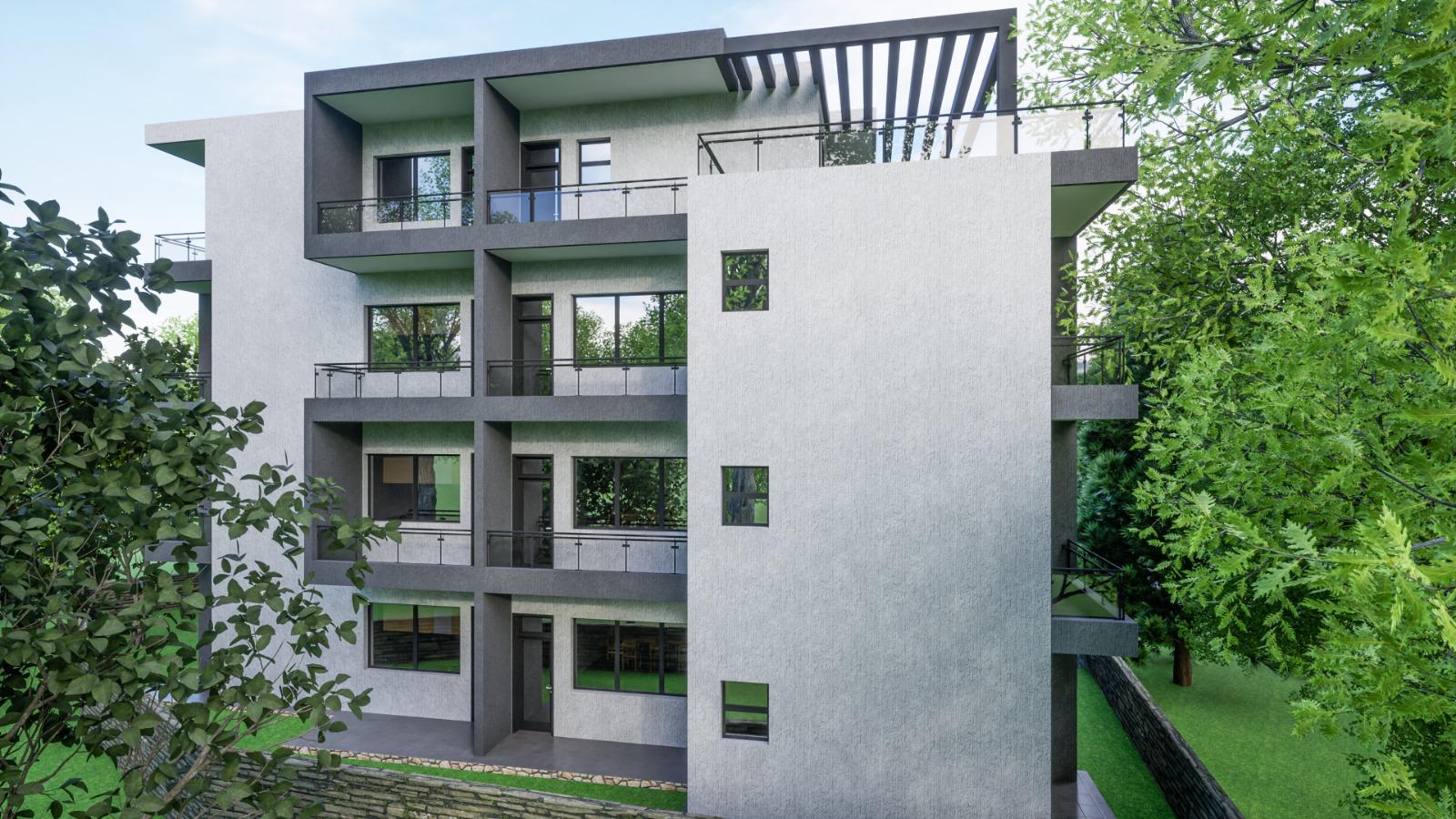 Taking in the view from the back: beautifully framed windows, lush green trees, and a bright blue sky on a perfect day.